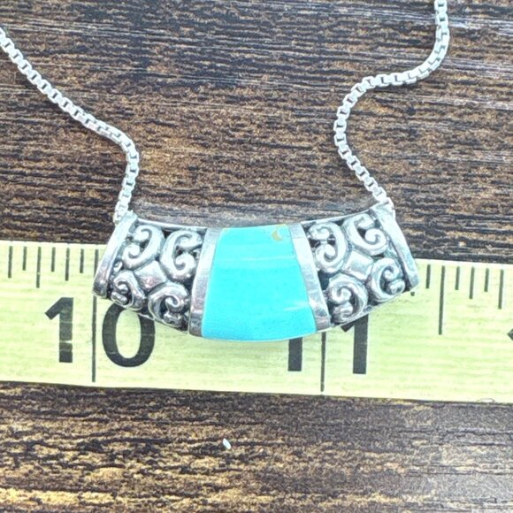 VTG Sterling Silver 925 Turquoise Scroll Slide Pendant Necklace Size 18" Length - Picture 11 of 13